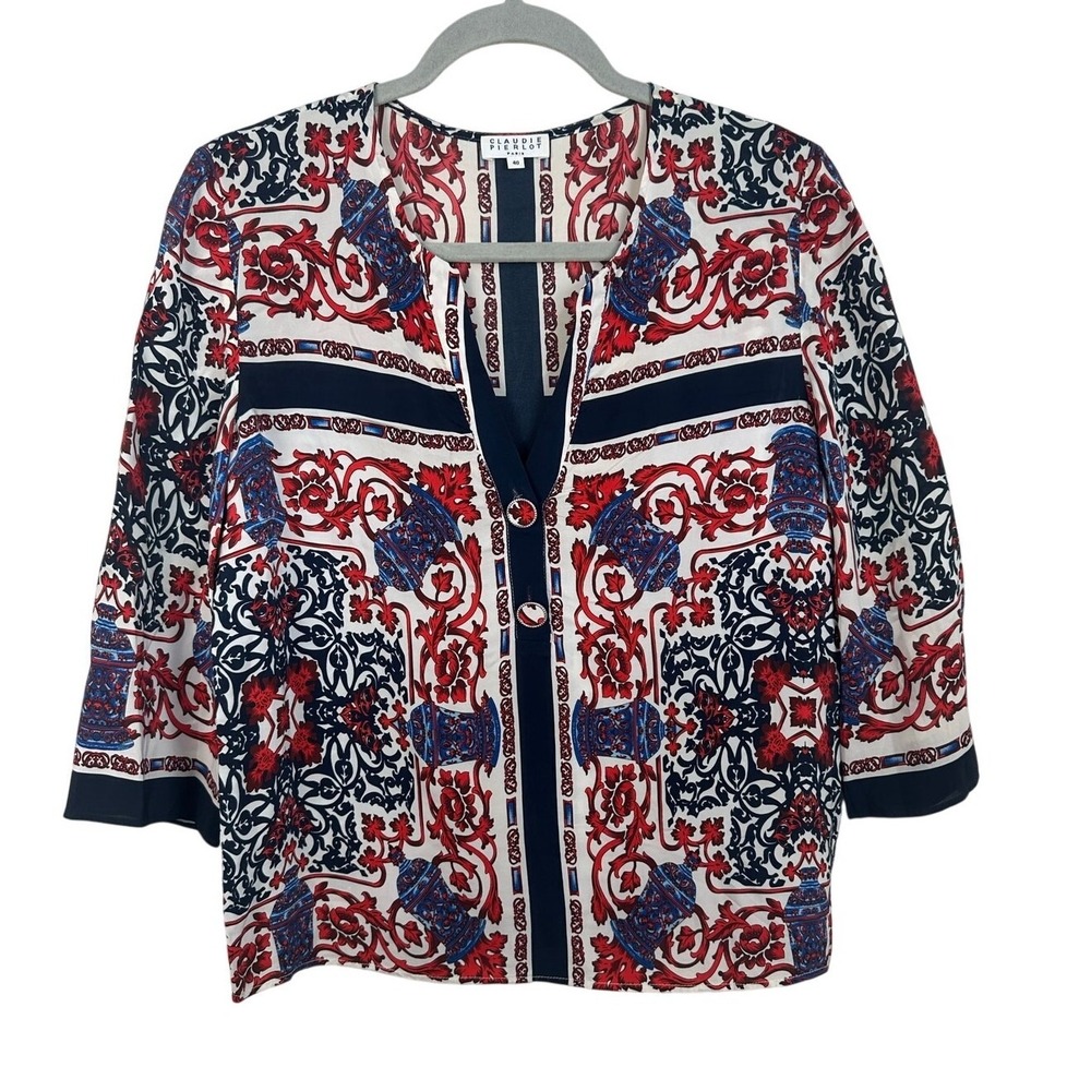 Claudie Pierlot Blouse Women 36 S Red Foulard Scarf Print Baroque Excellent 2285